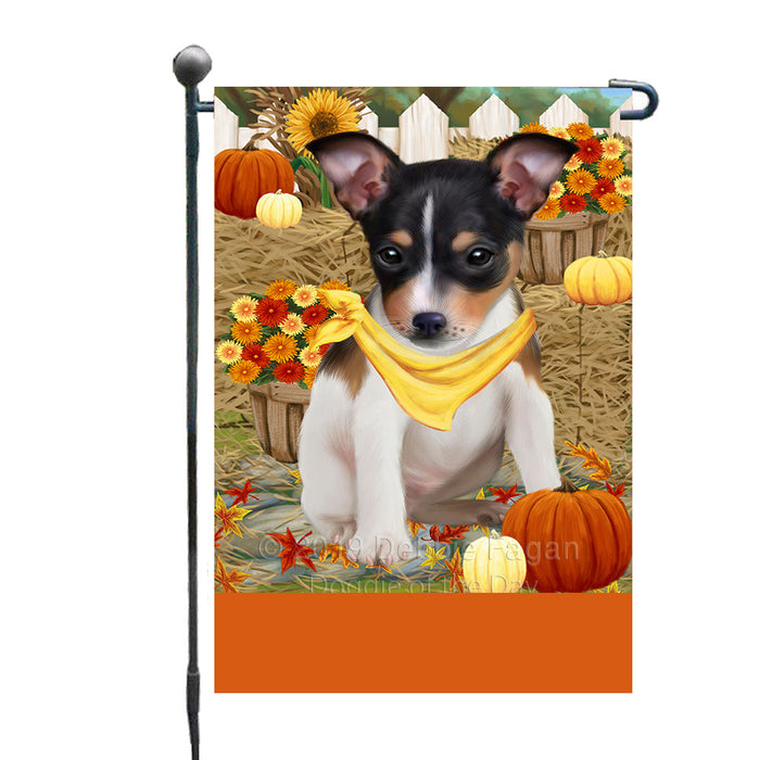 Personalized Fall Autumn Greeting Rat Terrier Dog with Pumpkins Custom Garden Flags GFLG-DOTD-A62017