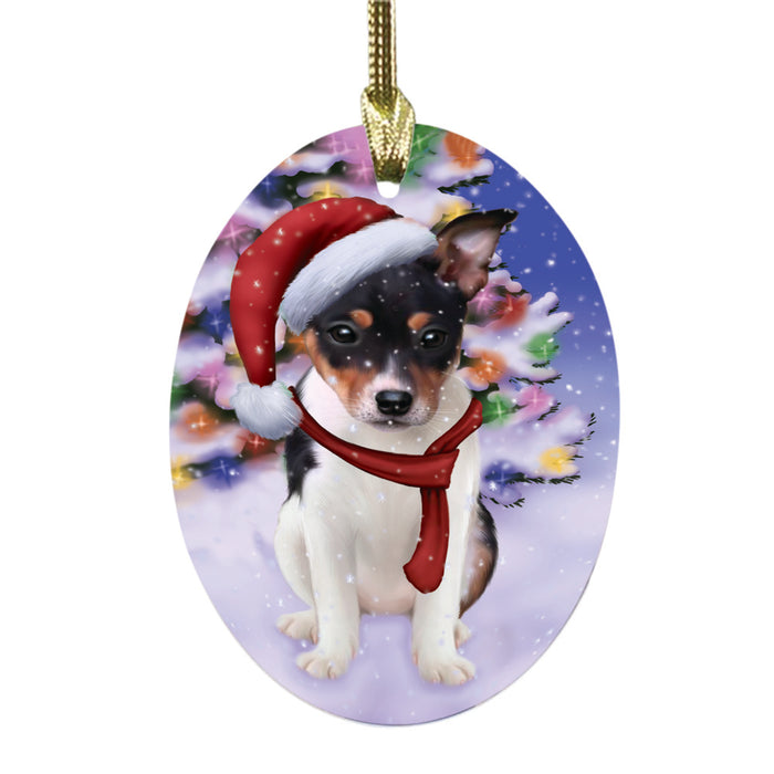 Winterland Wonderland Rat Terrier Dog In Christmas Holiday Scenic Background Oval Glass Christmas Ornament OGOR49623