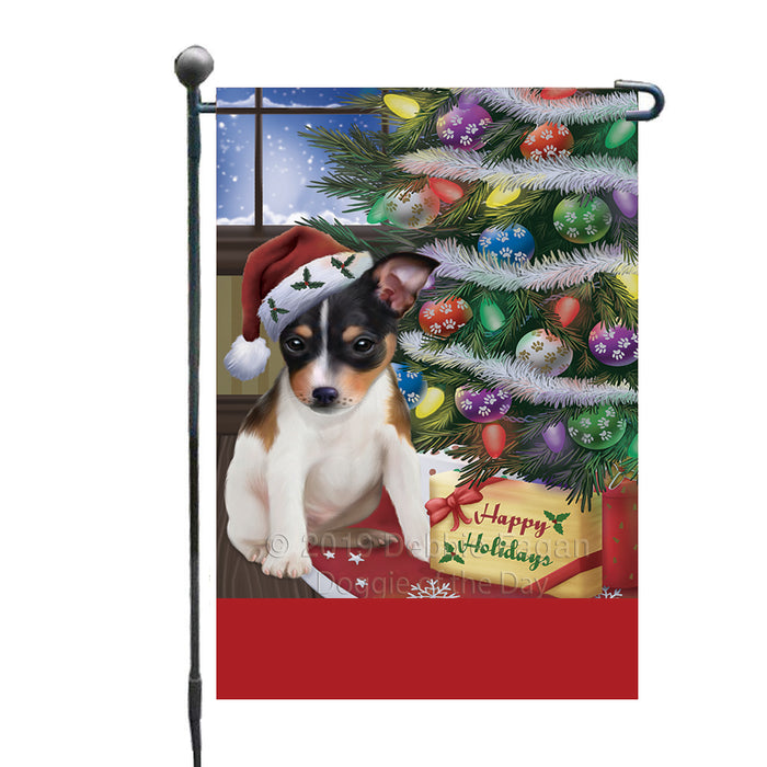 Personalized Christmas Happy Holidays Rat Terrier Dog with Tree and Presents Custom Garden Flags GFLG-DOTD-A58658