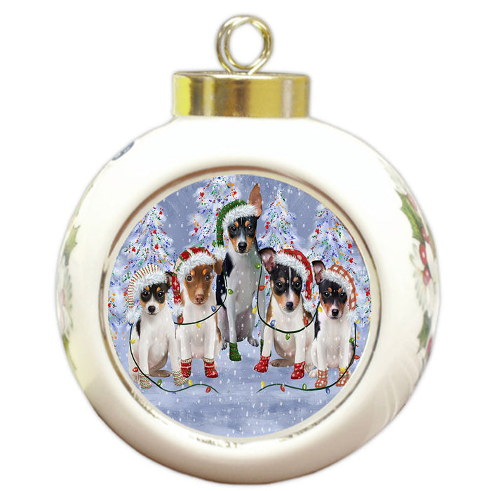 Christmas Lights and Rat Terrier Dogs Round Ball Christmas Ornament Pet Decorative Hanging Ornaments for Christmas X-mas Tree Decorations - 3" Round Ceramic Ornament