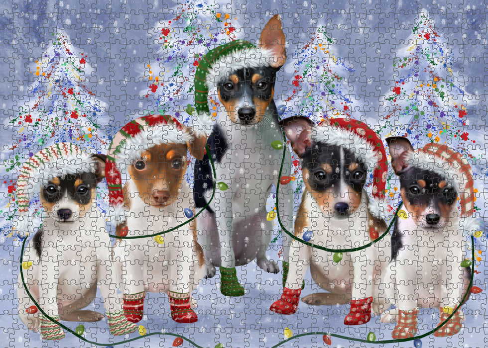 Christmas Lights and Rat Terrier Dogs Portrait Jigsaw Puzzle for Adults Animal Interlocking Puzzle Game Unique Gift for Dog Lover's with Metal Tin Box