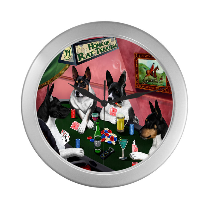 Home of Rat Terrier Dogs Playing Poker Silver Wall Clocks