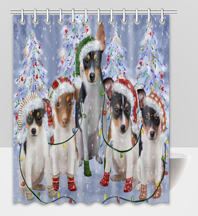 Christmas Lights and Rat Terrier Dogs Shower Curtain Pet Painting Bathtub Curtain Waterproof Polyester One-Side Printing Decor Bath Tub Curtain for Bathroom with Hooks