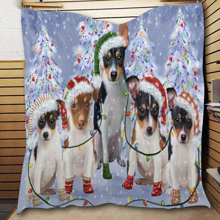 Christmas Lights and Rat Terrier Dogs  Quilt Bed Coverlet Bedspread - Pets Comforter Unique One-side Animal Printing - Soft Lightweight Durable Washable Polyester Quilt