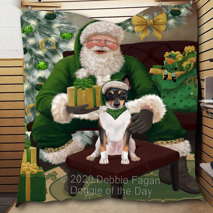 Christmas Irish Santa with Gift and Rat Terrier Dog Quilt Bed Coverlet Bedspread - Pets Comforter Unique One-side Animal Printing - Soft Lightweight Durable Washable Polyester Quilt