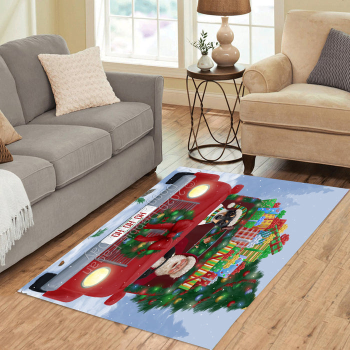 Christmas Honk Honk Red Truck Here Comes with Santa and Rat Terrier Dog Polyester Area Rug ARUG63695