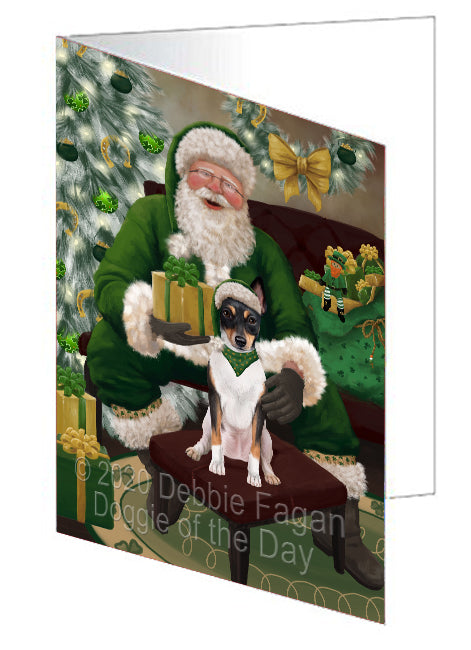 Christmas Irish Santa with Gift and Rat Terrier Dog Handmade Artwork Assorted Pets Greeting Cards and Note Cards with Envelopes for All Occasions and Holiday Seasons GCD75947