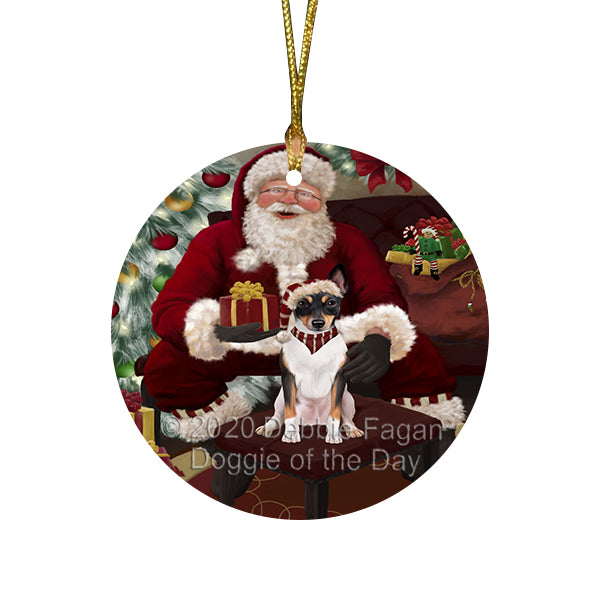 Santa's Christmas Surprise Rat Terrier Dog Round Flat Christmas Ornament RFPOR58058