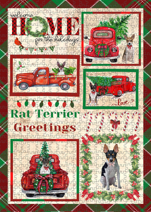 Welcome Home for Christmas Holidays Rat Terrier Dogs Portrait Jigsaw Puzzle for Adults Animal Interlocking Puzzle Game Unique Gift for Dog Lover's with Metal Tin Box