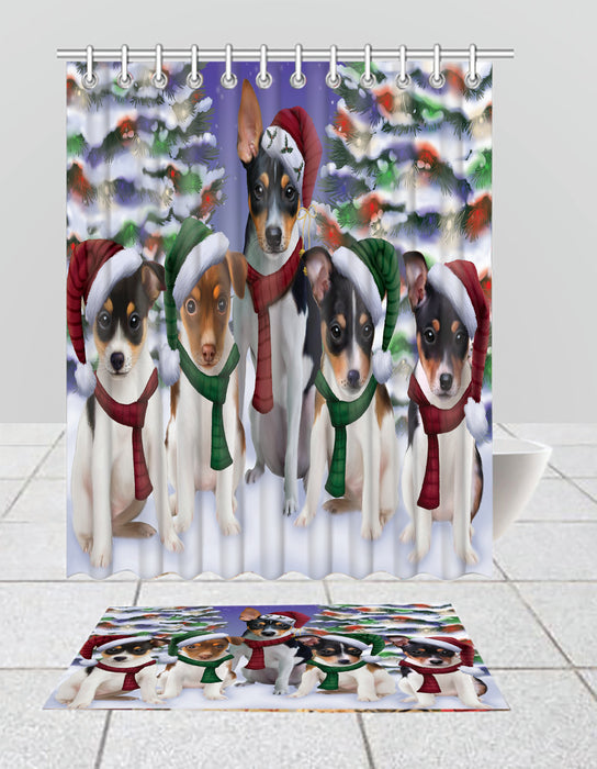 Rat Terrier Dogs Christmas Family Portrait in Holiday Scenic Background  Bath Mat and Shower Curtain Combo