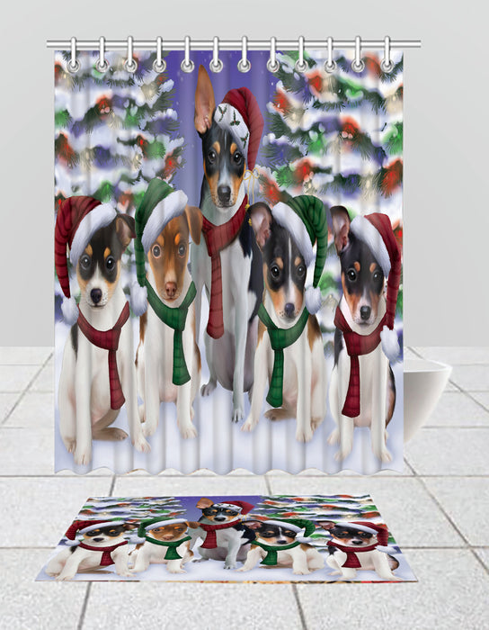 Rat Terrier Dogs Christmas Family Portrait in Holiday Scenic Background Bath Mat and Shower Curtain Combo