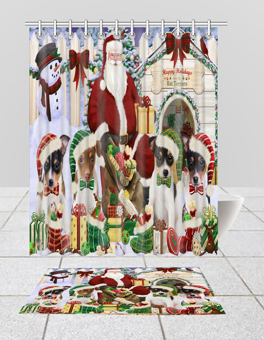 Happy Holidays Christmas Rat Terrier Dogs House Gathering Bath Mat and Shower Curtain Combo