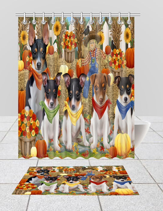 Fall Festive Harvest Time Gathering Rat Terrier Dogs Bath Mat and Shower Curtain Combo