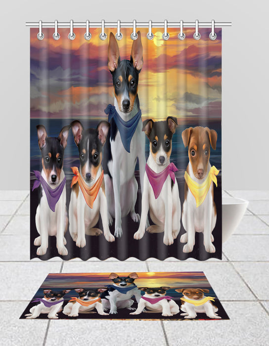 Family Sunset Portrait Rat Terrier Dogs Bath Mat and Shower Curtain Combo