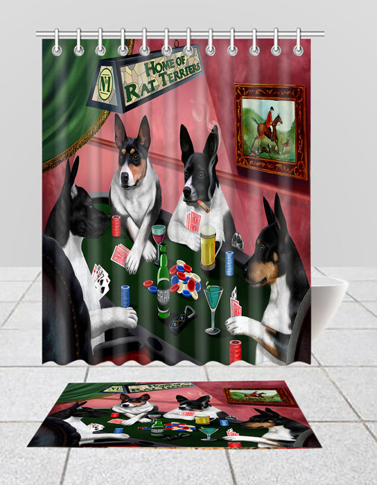 Home of  Rat Terrier Dogs Playing Poker Bath Mat and Shower Curtain Combo