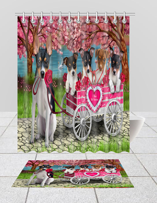 I Love Rat Terrier Dogs in a Cart Bath Mat and Shower Curtain Combo