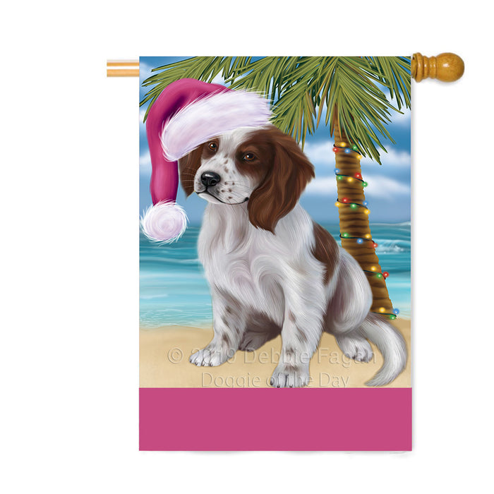 Personalized Summertime Happy Holidays Christmas Red And White Irish Setter Dog on Tropical Island Beach Custom House Flag FLG-DOTD-A60575