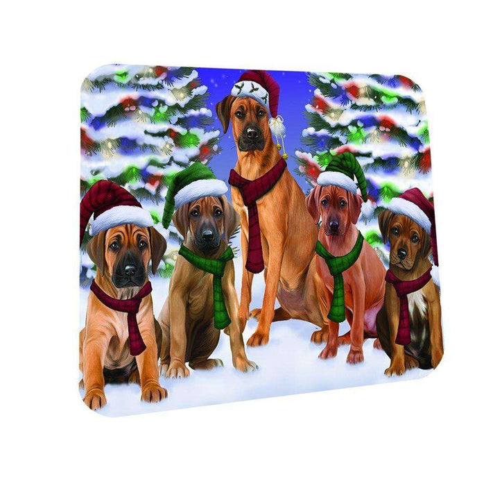 Rhodesian Ridgebacks Dog Christmas Family Portrait in Holiday Scenic Background Coasters Set of 4