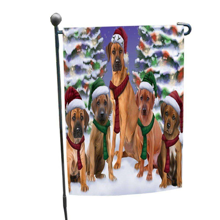 Rhodesian Ridgebacks Dog Christmas Family Portrait in Holiday Scenic Background Garden Flag