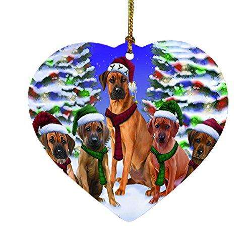 Rhodesian Ridgebacks Dog Christmas Family Portrait in Holiday Scenic Background Heart Ornament D147