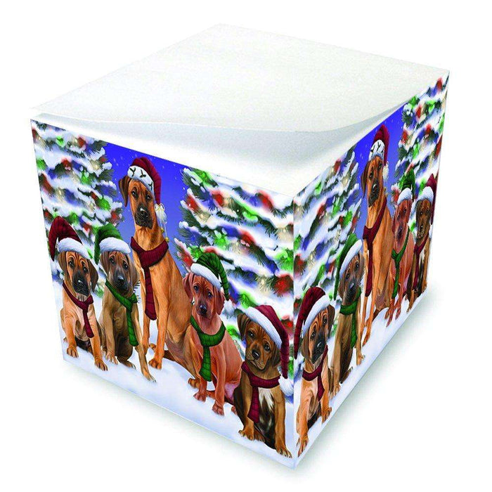 Rhodesian Ridgebacks Dog Christmas Family Portrait in Holiday Scenic Background Note Cube D167