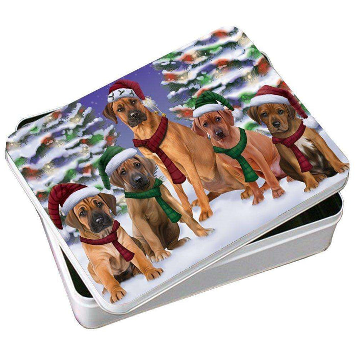 Rhodesian Ridgebacks Dog Christmas Family Portrait in Holiday Scenic Background Photo Storage Tin