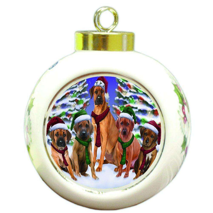 Rhodesian Ridgebacks Dog Christmas Family Portrait in Holiday Scenic Background Round Ball Ornament D147