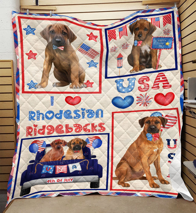 4th of July Independence Day I Love USA Rhodesian Ridgeback Dogs Quilt Bed Coverlet Bedspread - Pets Comforter Unique One-side Animal Printing - Soft Lightweight Durable Washable Polyester Quilt