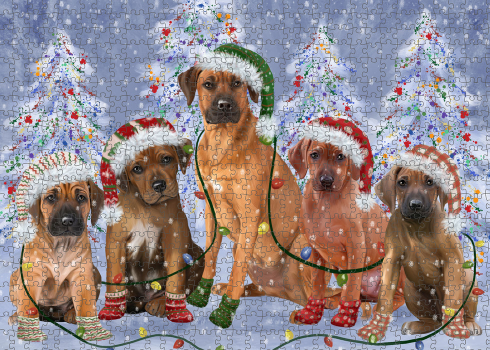 Christmas Lights and Rhodesian Ridgeback Dogs Portrait Jigsaw Puzzle for Adults Animal Interlocking Puzzle Game Unique Gift for Dog Lover's with Metal Tin Box