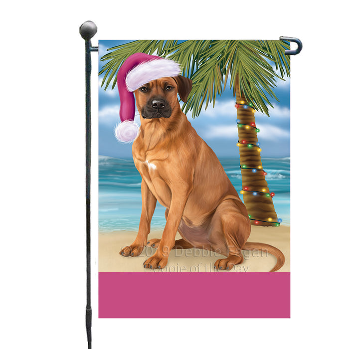 Personalized Summertime Happy Holidays Christmas Rhodesian Ridgeback Dog on Tropical Island Beach  Custom Garden Flags GFLG-DOTD-A60520