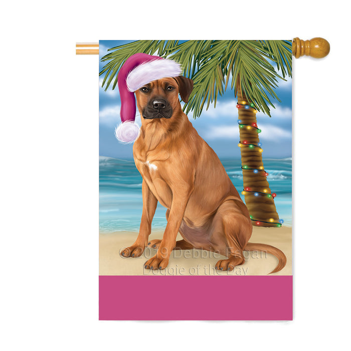 Personalized Summertime Happy Holidays Christmas Rhodesian Ridgeback Dog on Tropical Island Beach Custom House Flag FLG-DOTD-A60576
