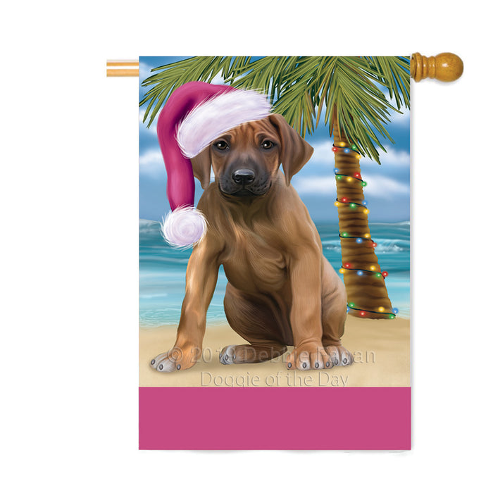 Personalized Summertime Happy Holidays Christmas Rhodesian Ridgeback Dog on Tropical Island Beach Custom House Flag FLG-DOTD-A60577