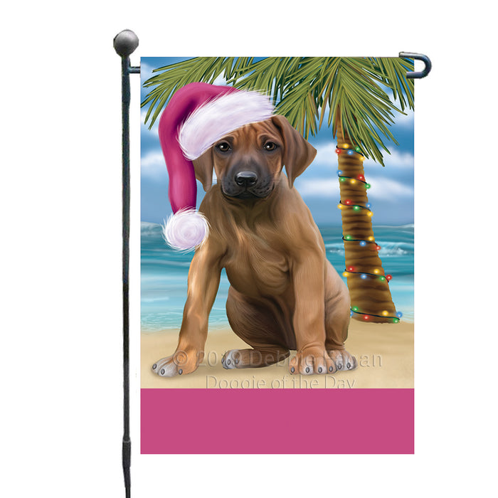 Personalized Summertime Happy Holidays Christmas Rhodesian Ridgeback Dog on Tropical Island Beach  Custom Garden Flags GFLG-DOTD-A60521