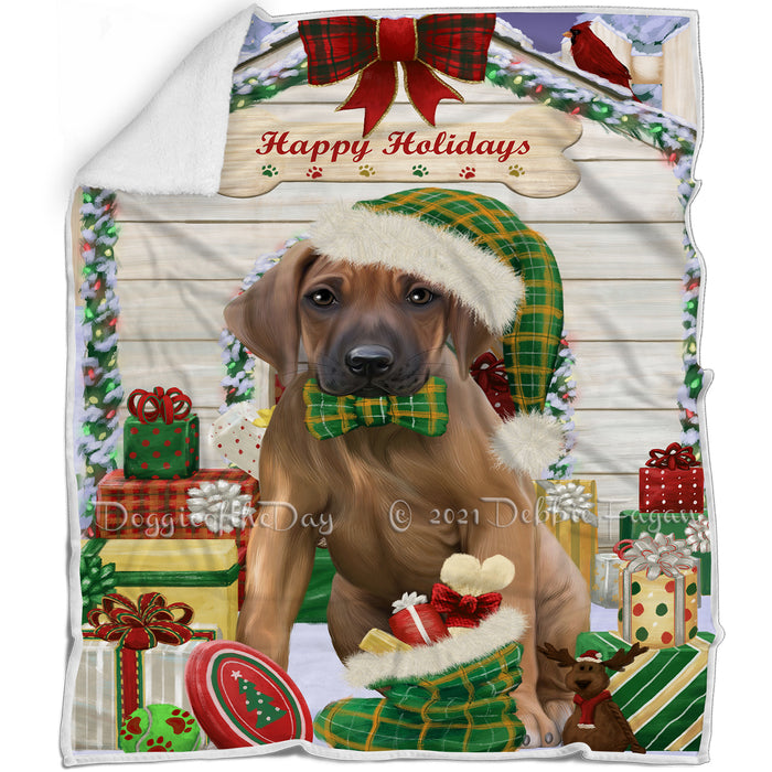 Happy Holidays Christmas Rhodesian Ridgeback Dog House With Presents Blanket BLNKT85944