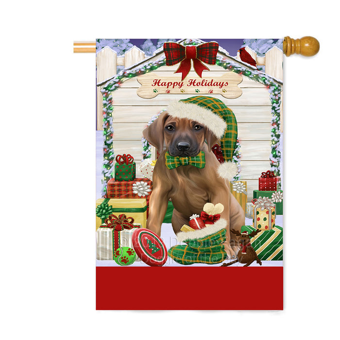 Personalized Happy Holidays Christmas Rhodesian Ridgeback Dog House with Presents Custom House Flag FLG-DOTD-A59419