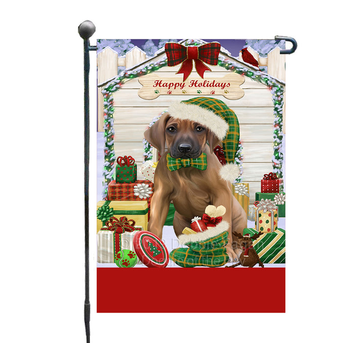 Personalized Happy Holidays Christmas Rhodesian Ridgeback Dog House with Presents Custom Garden Flags GFLG-DOTD-A59363