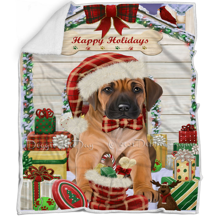 Happy Holidays Christmas Rhodesian Ridgeback Dog House With Presents Blanket BLNKT85962
