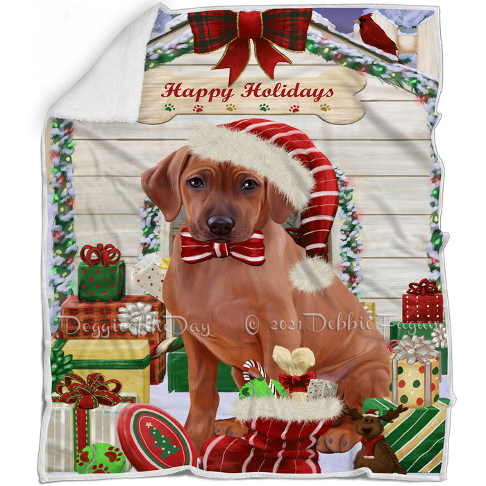 Happy Holidays Christmas Rhodesian Ridgeback Dog House With Presents Blanket BLNKT85971