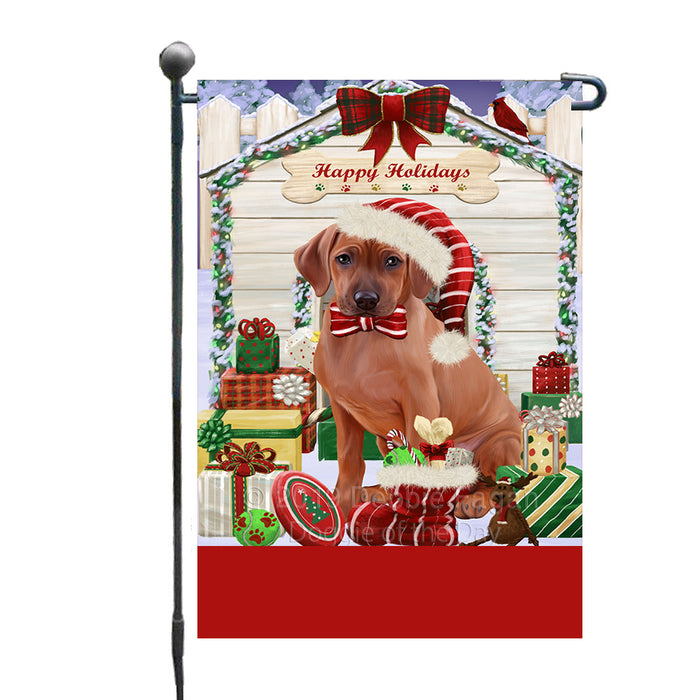 Personalized Happy Holidays Christmas Rhodesian Ridgeback Dog House with Presents Custom Garden Flags GFLG-DOTD-A59364