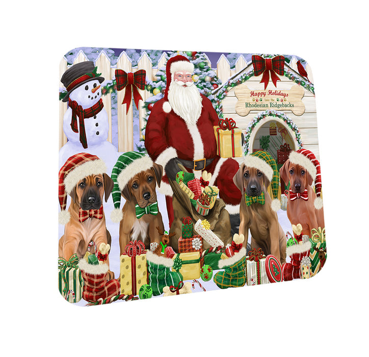 Happy Holidays Christmas Rhodesian Ridgebacks Dog House Gathering Coasters Set of 4 CSTA58044