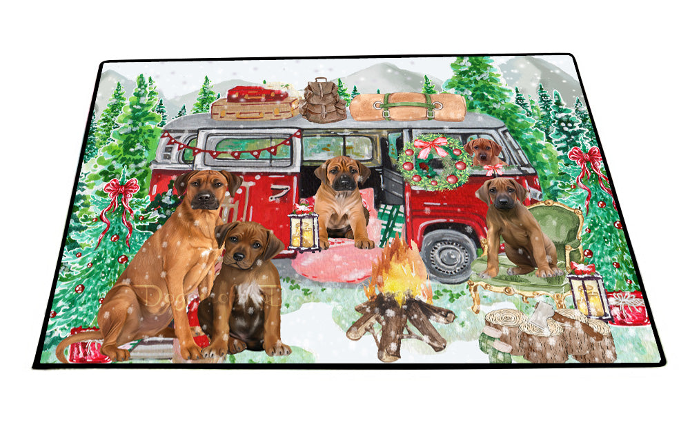 Christmas Time Camping with Rhodesian Ridgeback Dogs Floor Mat- Anti-Slip Pet Door Mat Indoor Outdoor Front Rug Mats for Home Outside Entrance Pets Portrait Unique Rug Washable Premium Quality Mat