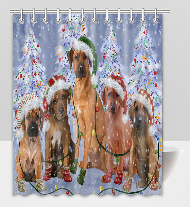 Christmas Lights and Rhodesian Ridgeback Dogs Shower Curtain Pet Painting Bathtub Curtain Waterproof Polyester One-Side Printing Decor Bath Tub Curtain for Bathroom with Hooks