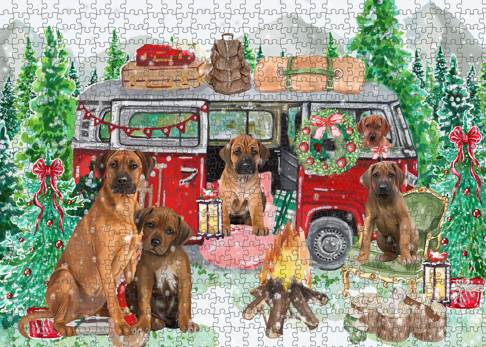 Christmas Time Camping with Rhodesian Ridgeback Dogs Portrait Jigsaw Puzzle for Adults Animal Interlocking Puzzle Game Unique Gift for Dog Lover's with Metal Tin Box