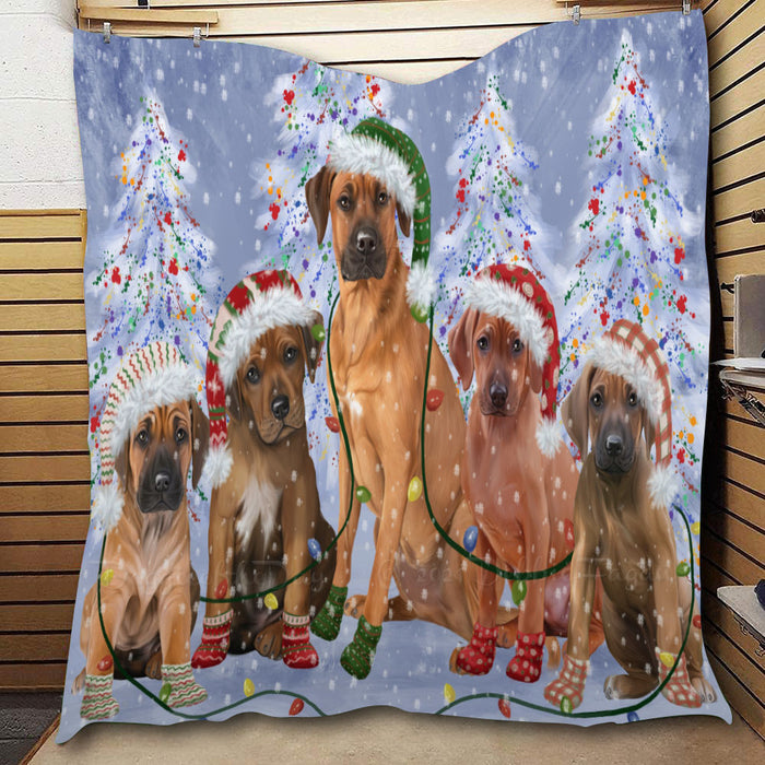 Christmas Lights and Rhodesian Ridgeback Dogs  Quilt Bed Coverlet Bedspread - Pets Comforter Unique One-side Animal Printing - Soft Lightweight Durable Washable Polyester Quilt
