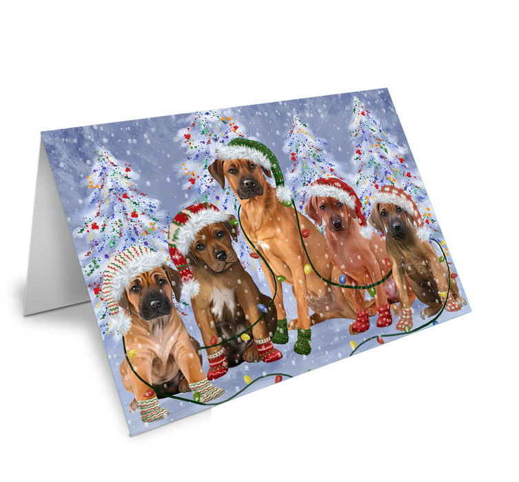 Christmas Lights and Rhodesian Ridgeback Dogs Handmade Artwork Assorted Pets Greeting Cards and Note Cards with Envelopes for All Occasions and Holiday Seasons