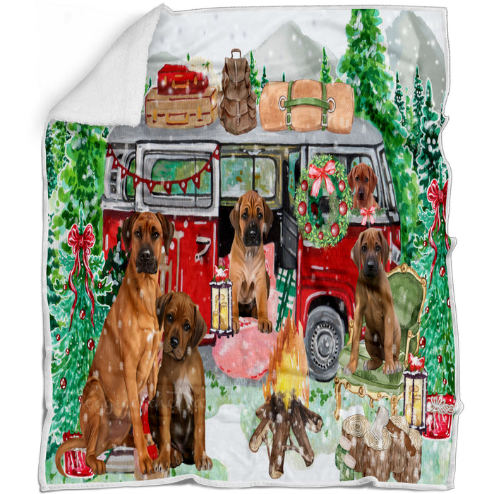 Christmas Time Camping with Rhodesian Ridgeback Dogs Blanket - Lightweight Soft Cozy and Durable Bed Blanket - Animal Theme Fuzzy Blanket for Sofa Couch