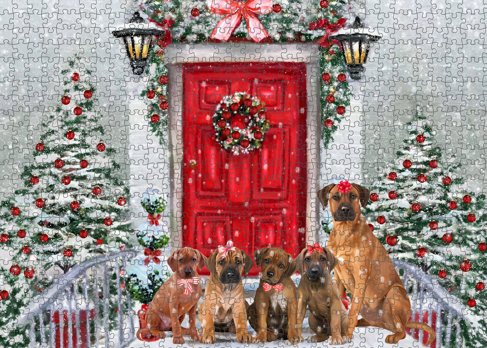 Christmas Holiday Welcome Rhodesian Ridgeback Dogs Portrait Jigsaw Puzzle for Adults Animal Interlocking Puzzle Game Unique Gift for Dog Lover's with Metal Tin Box