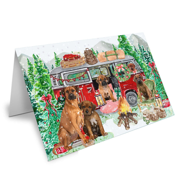 Christmas Time Camping with Rhodesian Ridgeback Dogs Handmade Artwork Assorted Pets Greeting Cards and Note Cards with Envelopes for All Occasions and Holiday Seasons