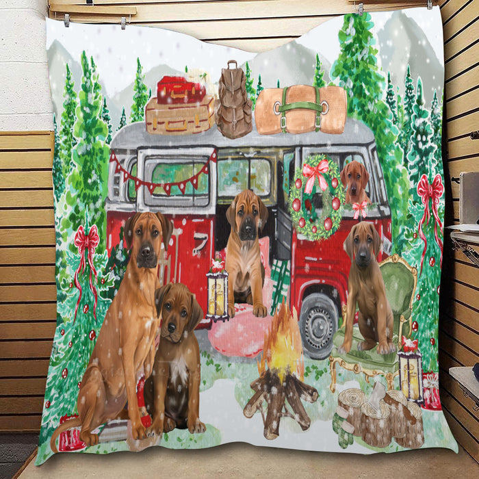 Christmas Time Camping with Rhodesian Ridgeback Dogs  Quilt Bed Coverlet Bedspread - Pets Comforter Unique One-side Animal Printing - Soft Lightweight Durable Washable Polyester Quilt