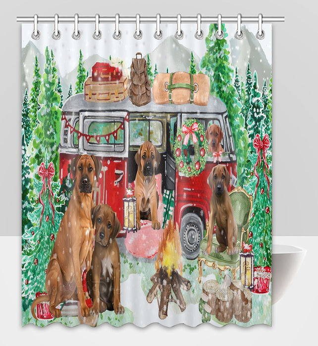 Christmas Time Camping with Rhodesian Ridgeback Dogs Shower Curtain Pet Painting Bathtub Curtain Waterproof Polyester One-Side Printing Decor Bath Tub Curtain for Bathroom with Hooks